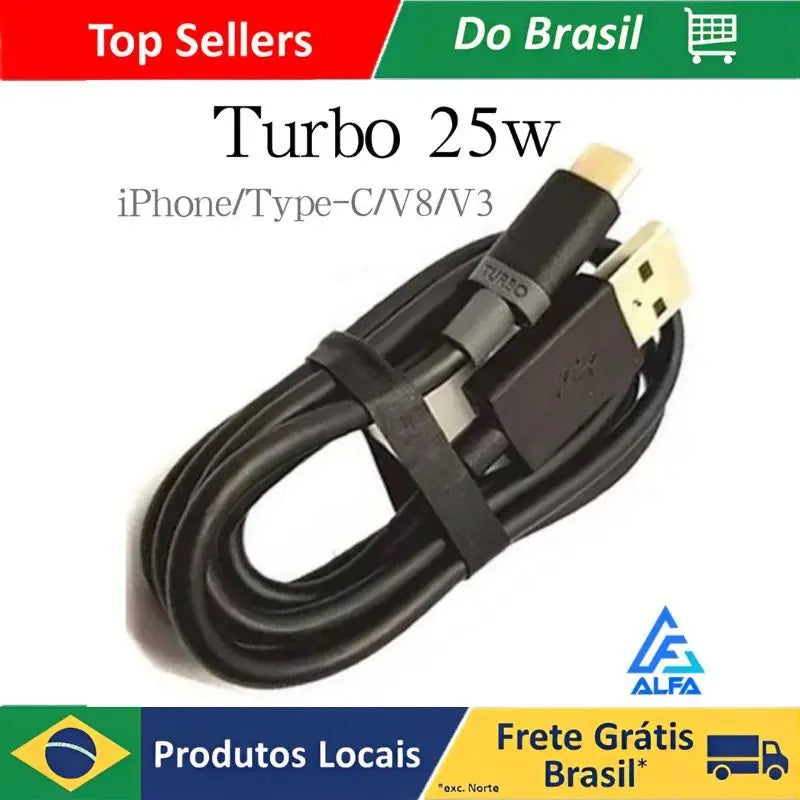 Cabo Carregador Turbo 25w V8/iPhone/Tipo C/V3 Carrega Rápido Micro Usb PS3 GPS Celular